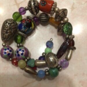 Vintage Stretch Multi- Beaded/Silver Art Deco Bracelet